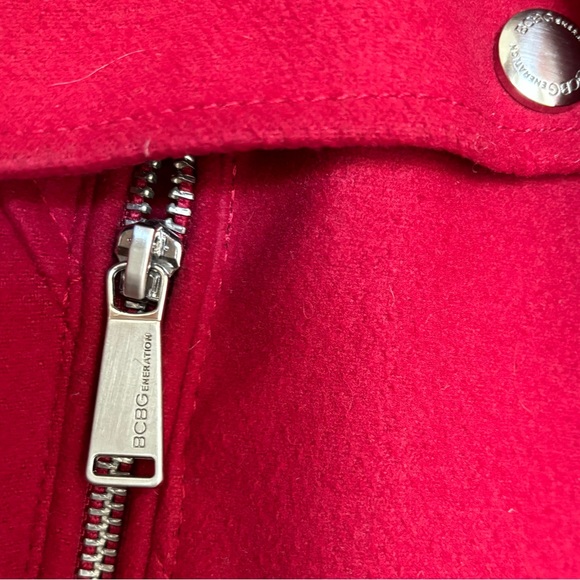 Cherry Red BCBG hooded and belted winter peacoat with silver brand hardware. - Picture 5 of 9